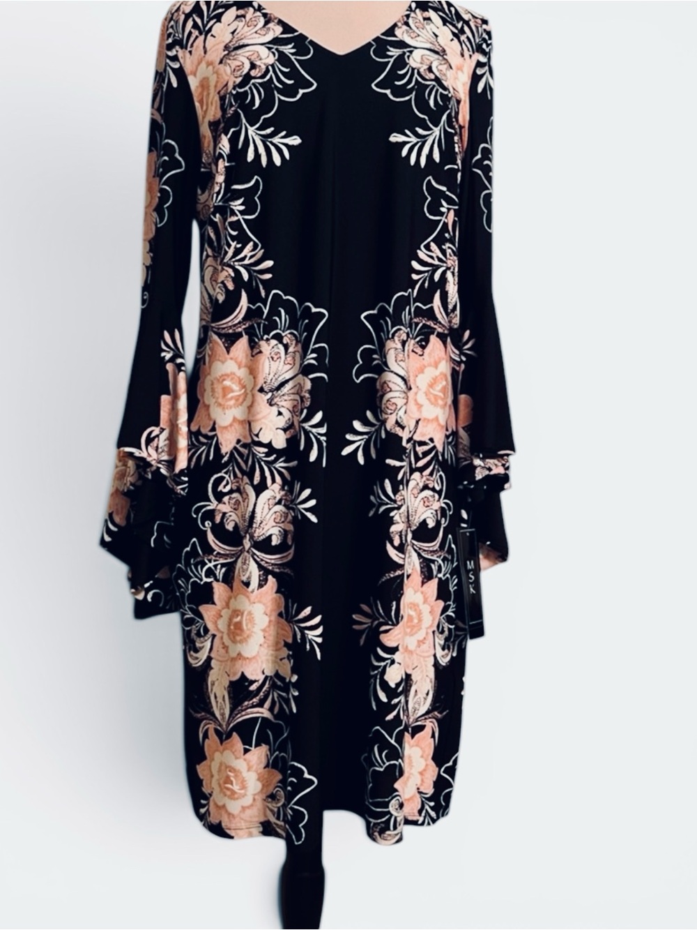 MSK Black/Pink Floral Midi Dress with Flowy Bell Sleeves - Picture 4 of 8